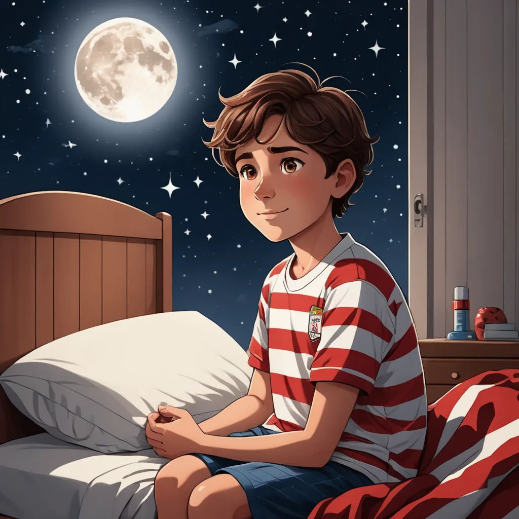 a boy sitting on a bed in front of a night sky with a full moon and stars above him, space art, a storybook illustration, Diego Gisbert Llorens, storybook illustration