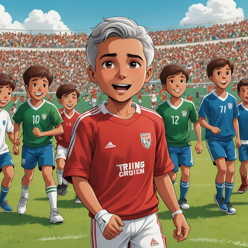 a cartoon of a soccer team in a stadium with a man in red and white uniform standing in front of a group of other players, fantastic realism, a storybook illustration, Fathi Hassan, graphic novel