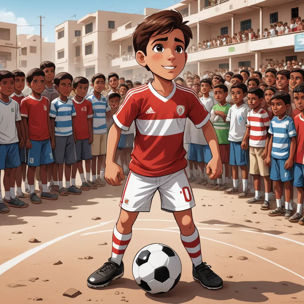a cartoon of a soccer player standing in front of a group of children in a stadium with a soccer ball, fantastic realism, a storybook illustration, Fathi Hassan, graphic novel