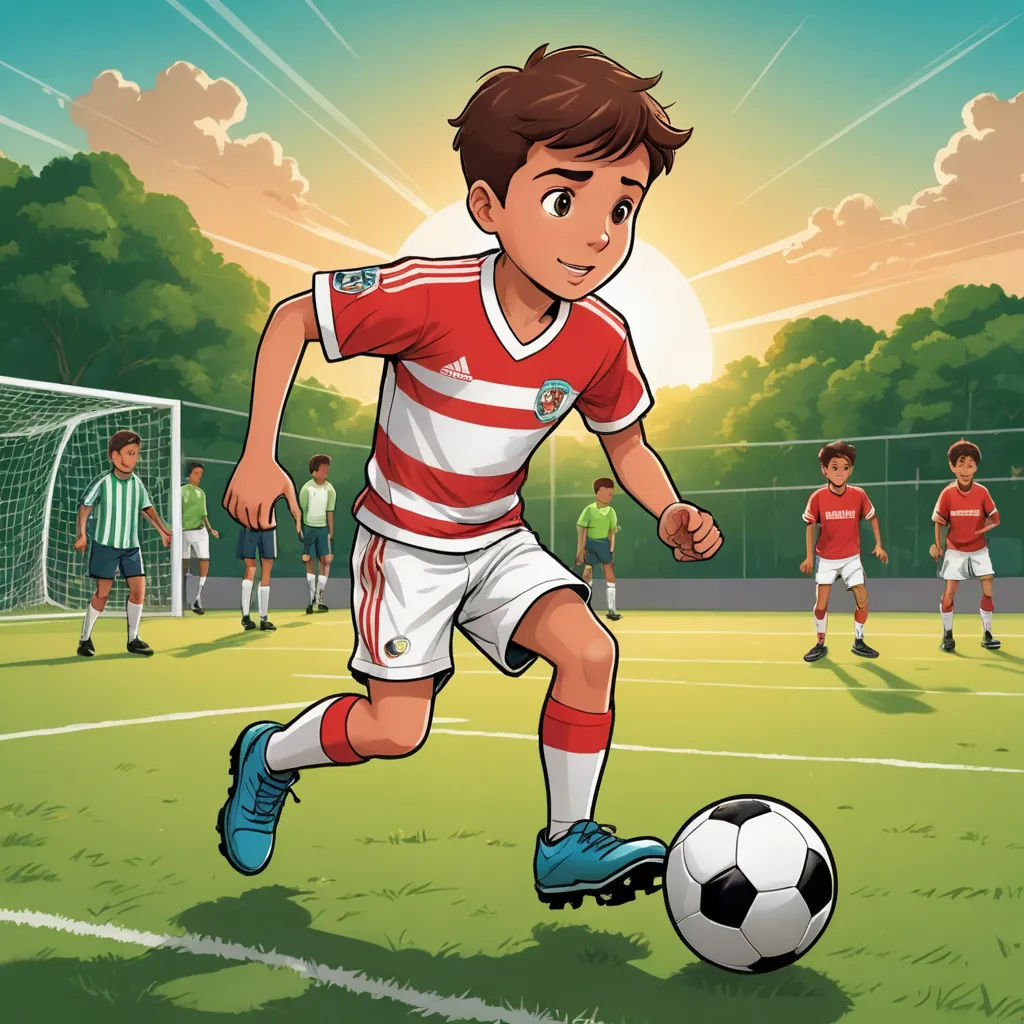 a cartoon of a boy playing soccer on a field with other kids watching him play soccer on a sunny day, american scene painting, a storybook illustration, Fathi Hassan, graphic novel