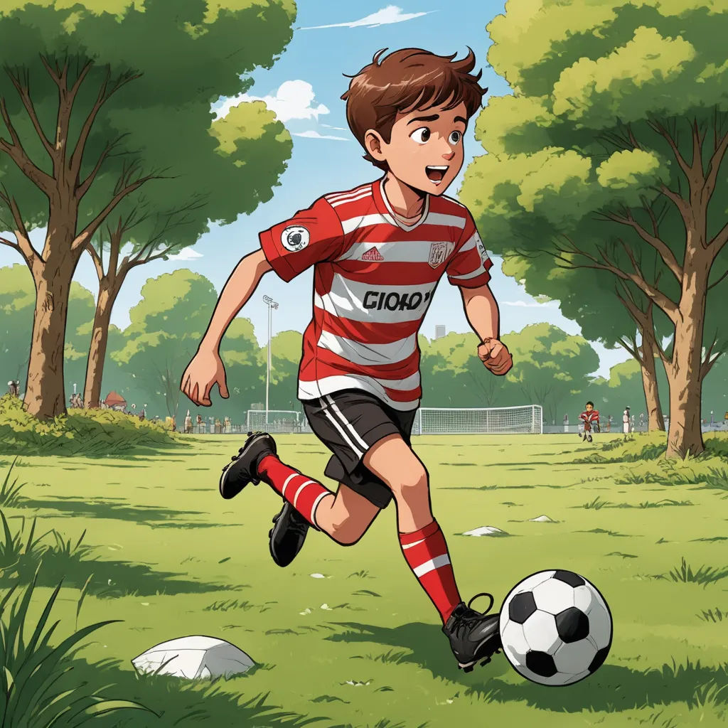 a boy running with a soccer ball in a park with trees and grass on the ground and a soccer ball in the foreground, plein air, a storybook illustration, Anson Maddocks, graphic novel