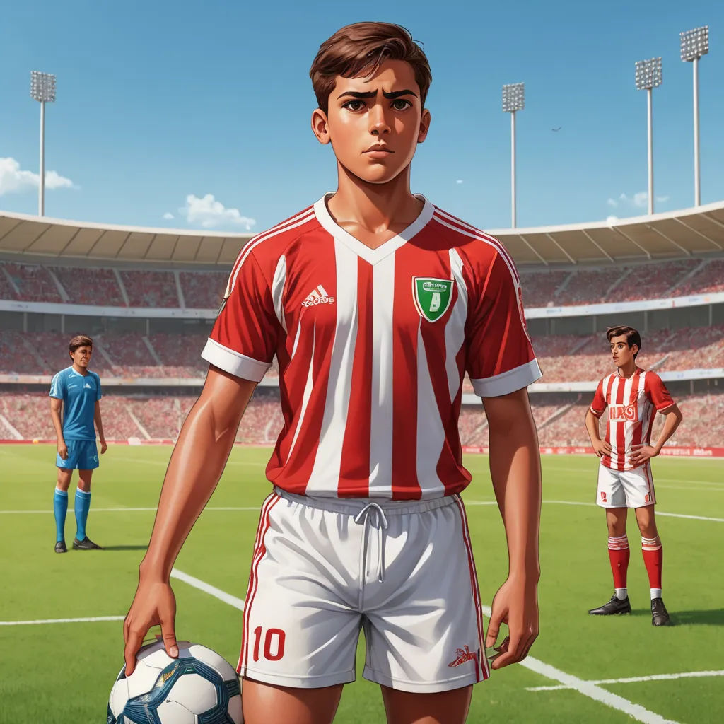 a man in a soccer uniform holding a soccer ball in front of a stadium with other men in the background, fantastic realism, a storybook illustration, Alejandro Obregón, official art