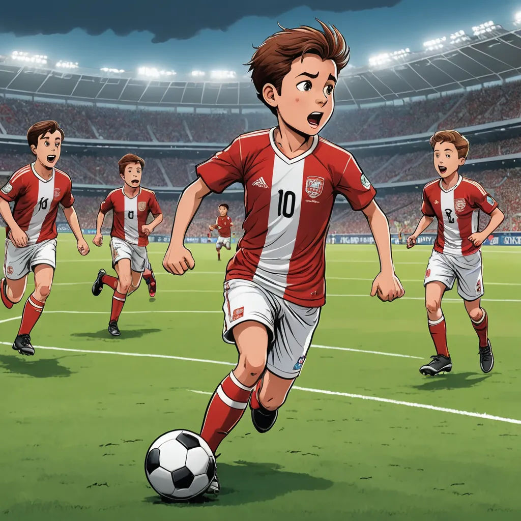 a cartoon of a soccer player running with the ball in front of him and the other team behind him, fantastic realism, a comic book panel, Emiliano Ponzi, graphic novel