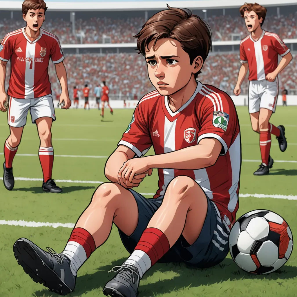 a cartoon of a soccer player sitting on the ground with his foot on the ground and a soccer ball in front of him, fantastic realism, a comic book panel, Alejandro Burdisio, graphic novel