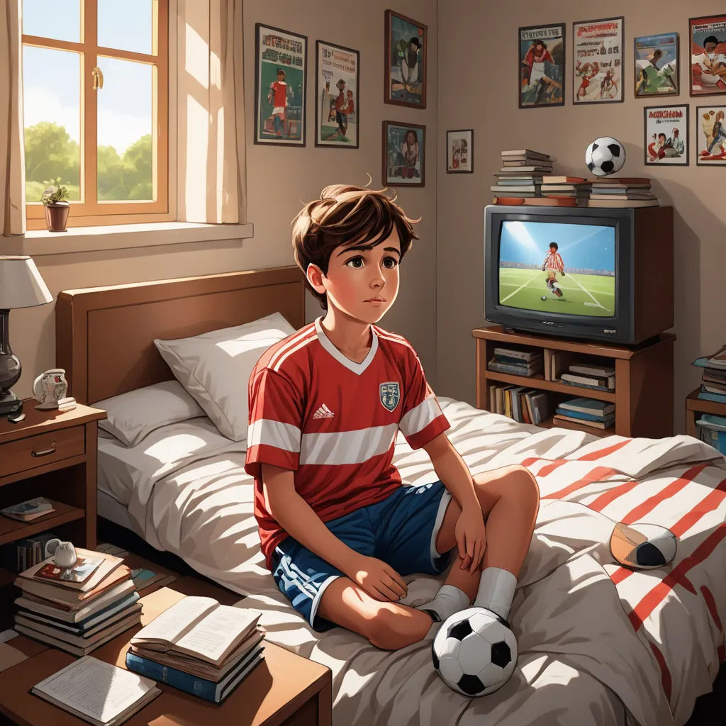 a boy sitting on a bed with a soccer ball in front of him and a television in the background, american scene painting, a storybook illustration, Diego Gisbert Llorens, storybook illustration