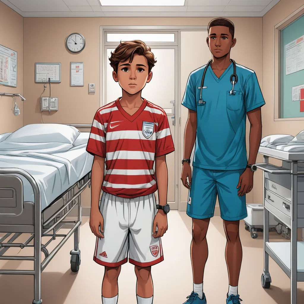 a cartoon of a boy in a hospital with a doctor in the background and a hospital bed in the foreground, sots art, a comic book panel, Cedric Seaut (Keos Masons), graphic novel