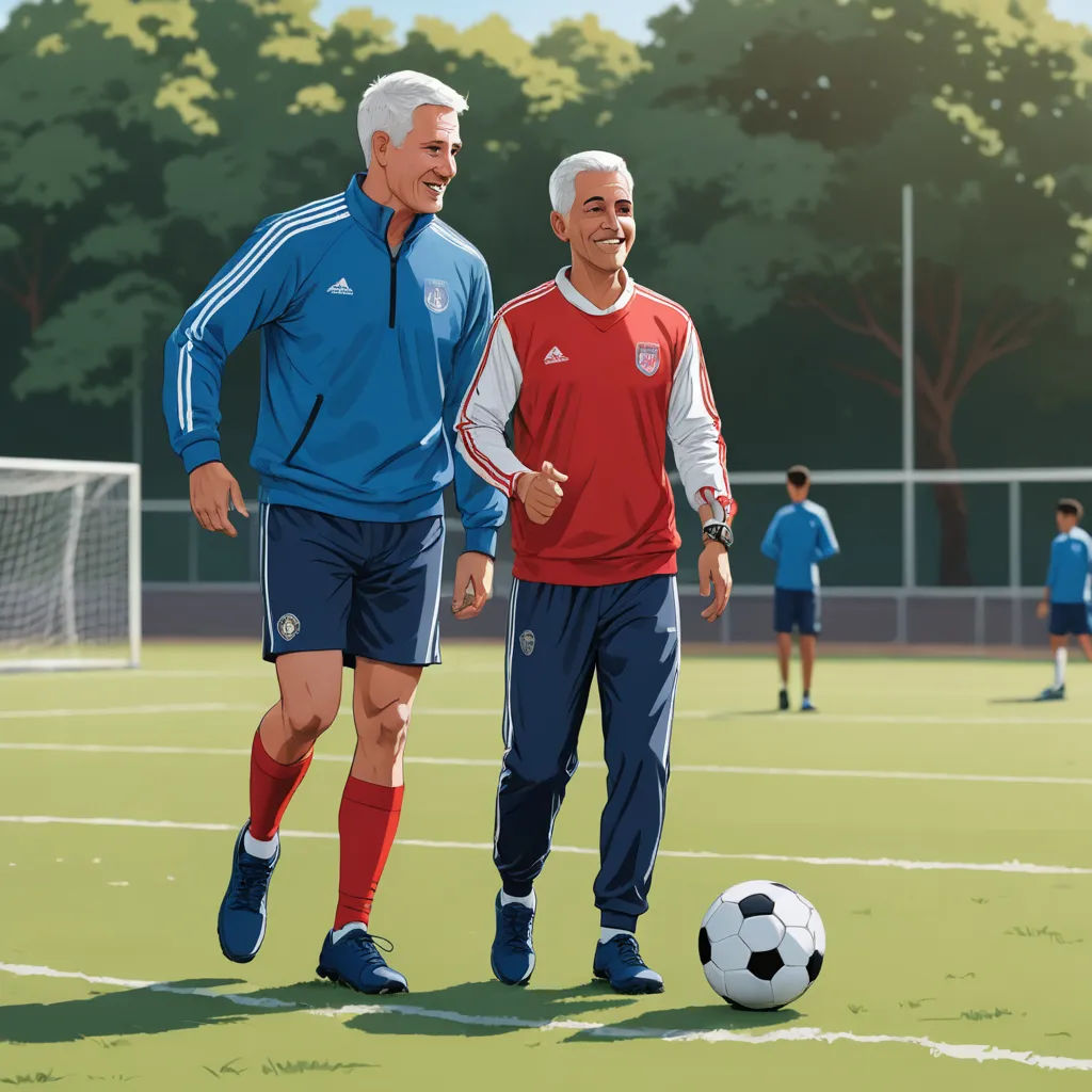 two men are walking on a soccer field with a soccer ball in hand and trees in the background, while one man is smiling, american scene painting, a storybook illustration, Fabien Charuau, storybook illustration