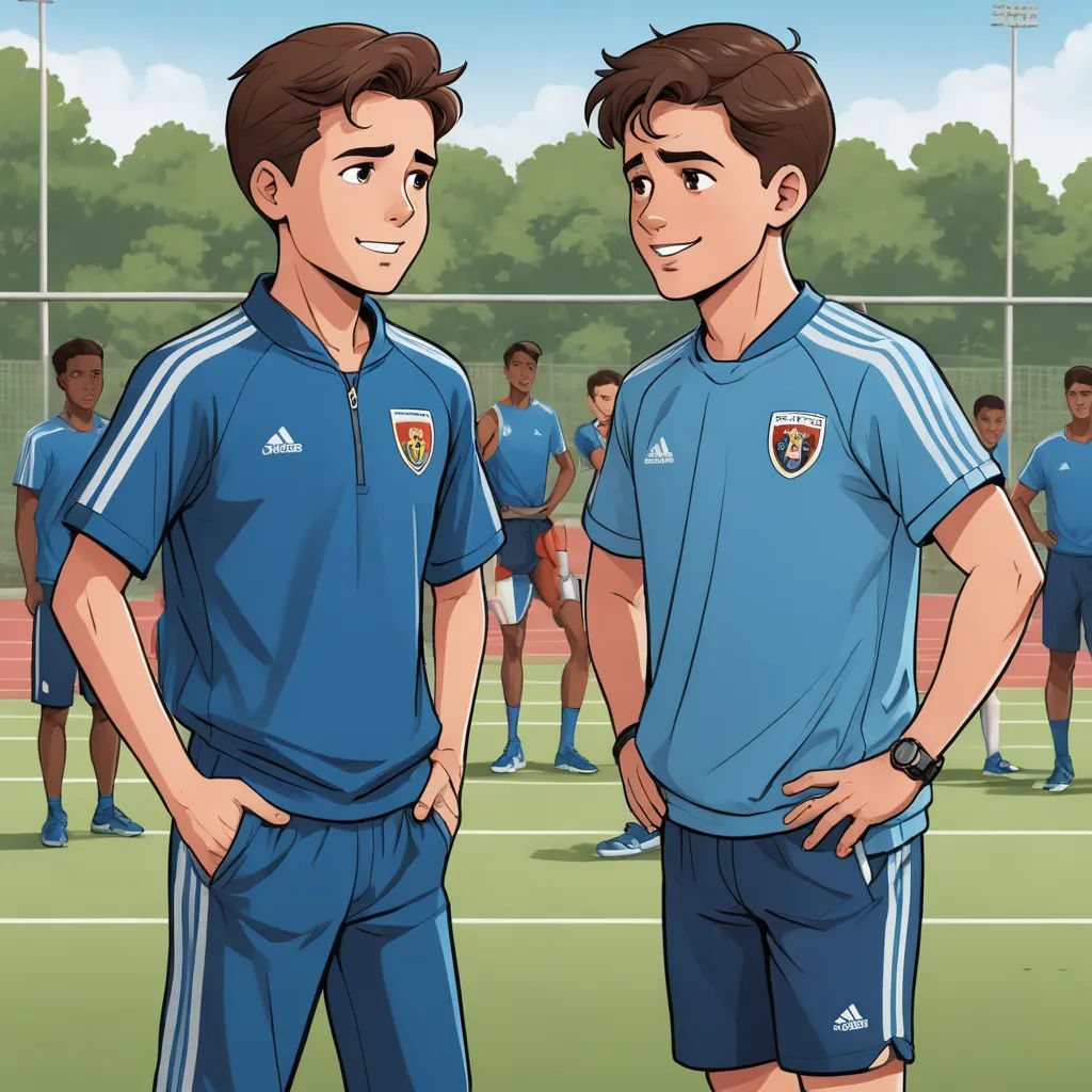 two men standing on a tennis court with a line of people behind them in the background, a line of trees and a field with a soccer goal, sots art, a comic book panel, Adam Dario Keel, official art