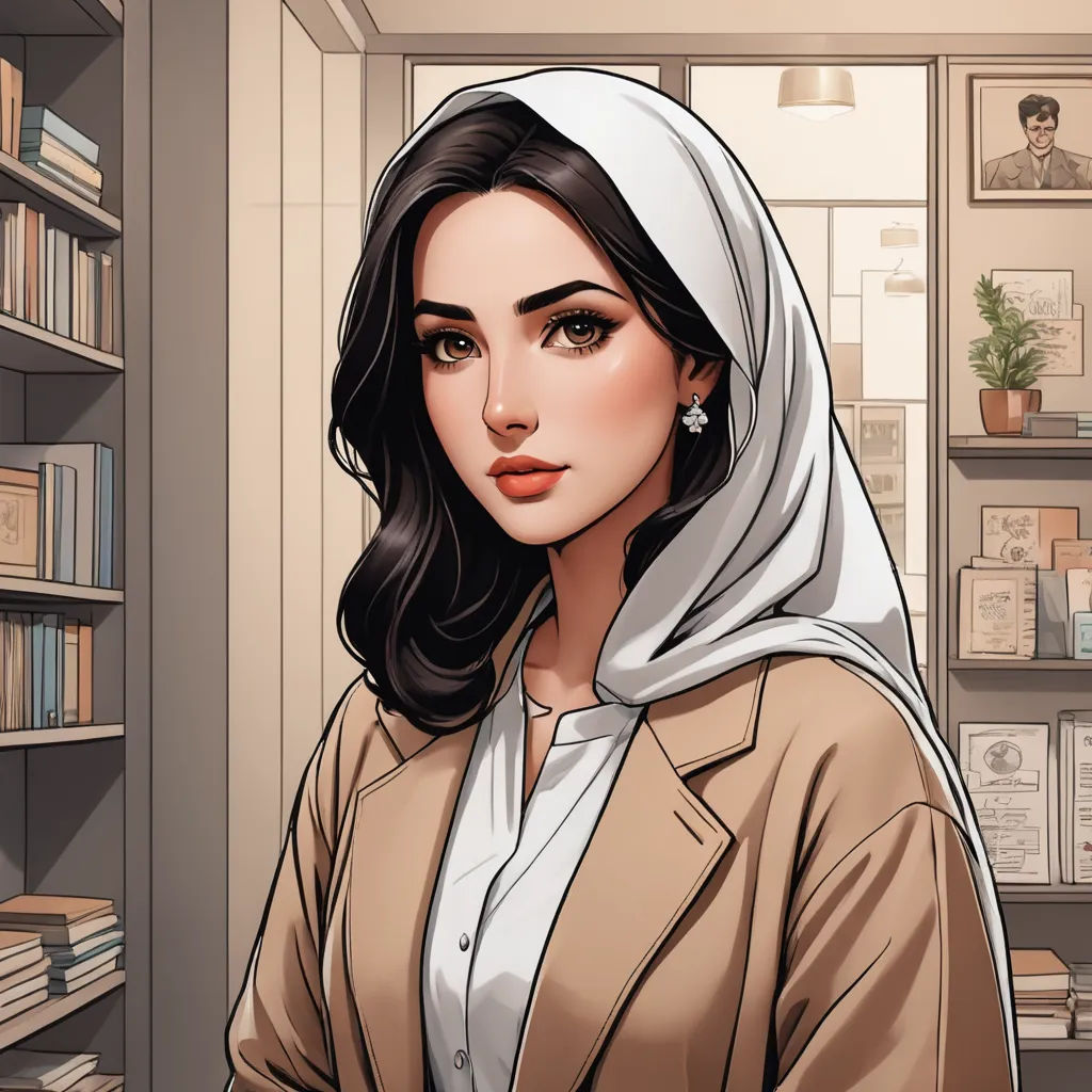 a woman in a brown jacket and a white scarf is standing in a library with bookshelves and a book case, academic art, a character portrait, Elina Karimova, character portrait