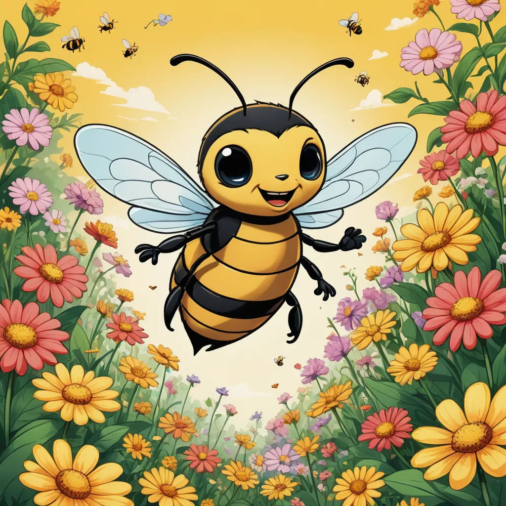 a bee flying over a field of flowers and daisies with a bee in the middle of the frame, pop surrealism, a storybook illustration, Chris LaBrooy, official art