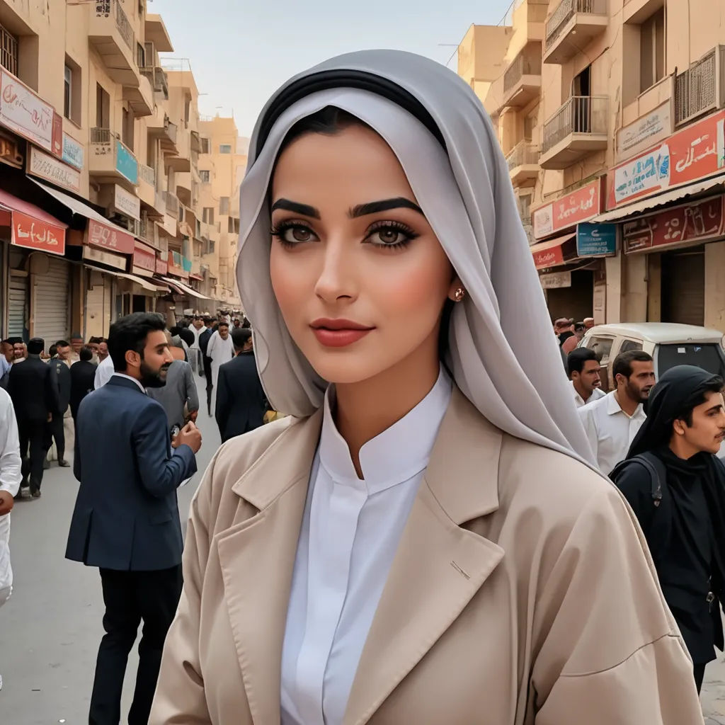 a woman in a headscarf is standing in a crowded street in a city with people walking around, hurufiyya, a picture, Abdullah Gërguri, neutral colors