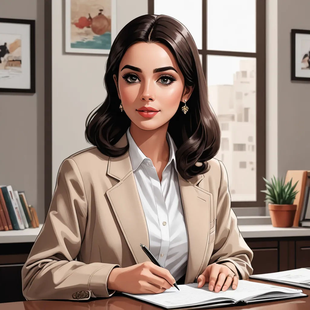 a woman sitting at a desk with a pen and paper in her hand and a book in her lap, academic art, a character portrait, Elina Karimova, professional digital painting