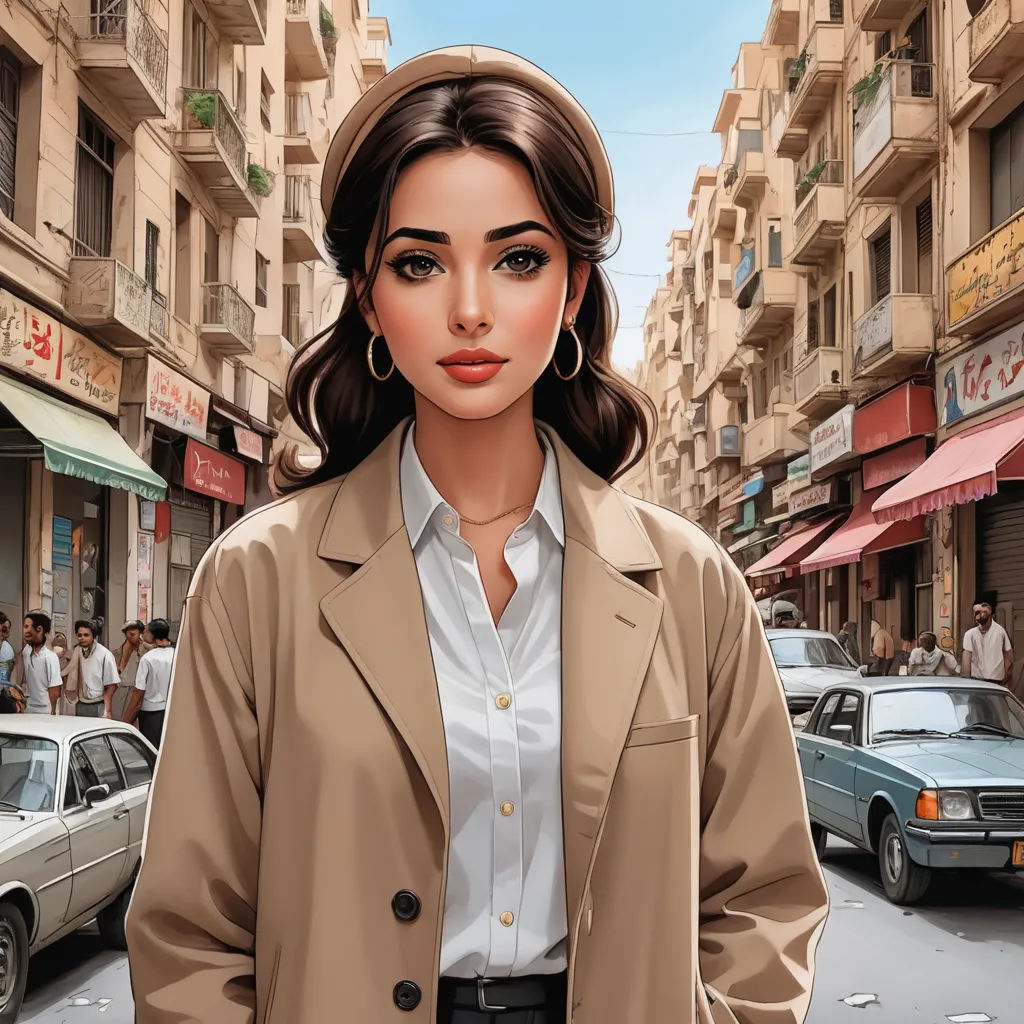 a woman in a trench coat standing in a street with cars and buildings in the background and a man in a suit and tie, serial art, a character portrait, Elina Karimova, ultra realistic illustration