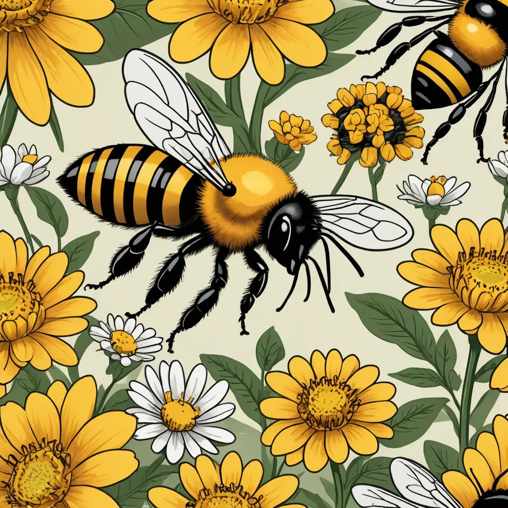 a bee and some flowers on a white background with yellow and white flowers and daisies and daisies, folk art, a detailed drawing, Annabel Kidston, high detail illustration