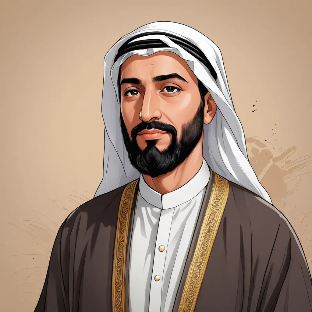 a man with a beard and a white headdress is wearing a brown and gold outfit and a white hat, hurufiyya, a character portrait, Ahmed Karahisari, character portrait