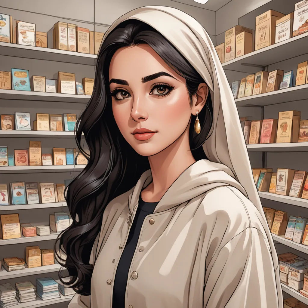 a cartoon of a woman in a store with a nun outfit on and a nun outfit on, standing in front of a shelf of books, aestheticism, a character portrait, Artgerm, rpg portrait