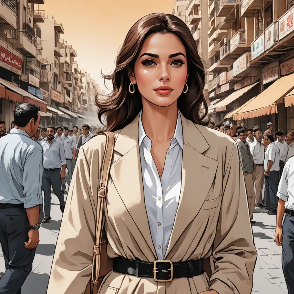 a woman in a beige suit and a man in a white shirt and tie are walking down a busy street, socialist realism, a comic book panel, Edwin Georgi, graphic novel
