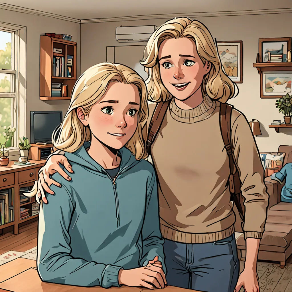 a woman and a girl standing in a living room together, with a cartoon of them hugging each other, vancouver school, a comic book panel, Ada Gladys Killins, comic cover art