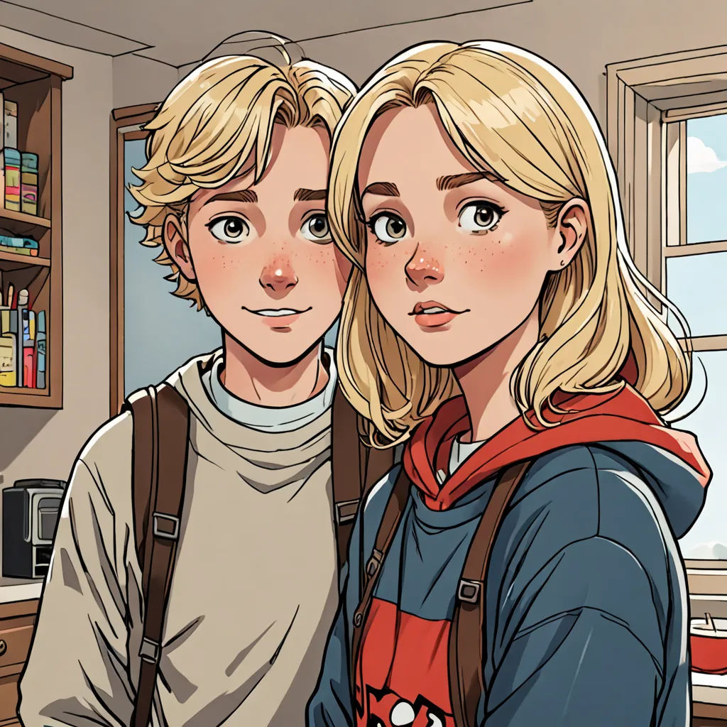 a couple of people standing next to each other in a room with a window and bookshelf behind them, process art, a comic book panel, Felix-Kelly, comic cover art