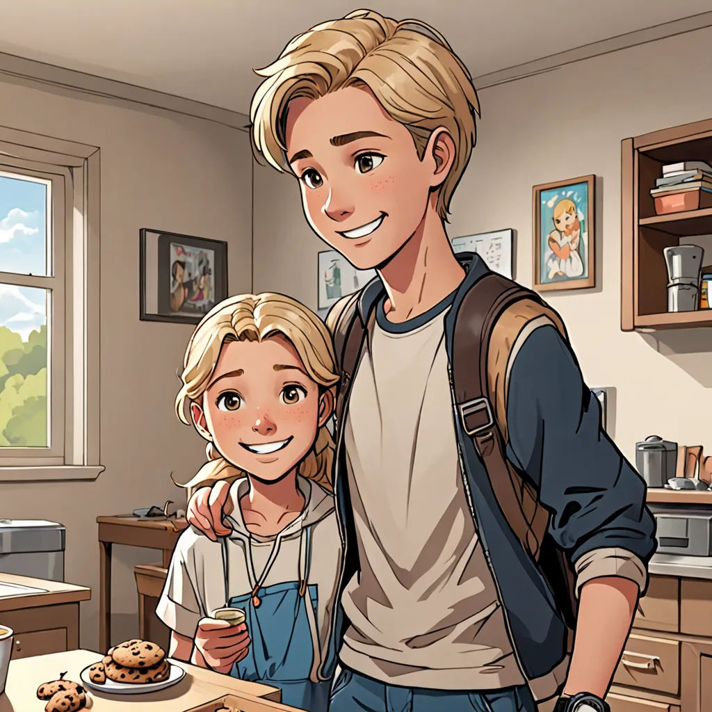 a man and a woman standing in a kitchen next to a table with a cookie on it and a plate of cookies, remodernism, a comic book panel, Cliff Childs, official art