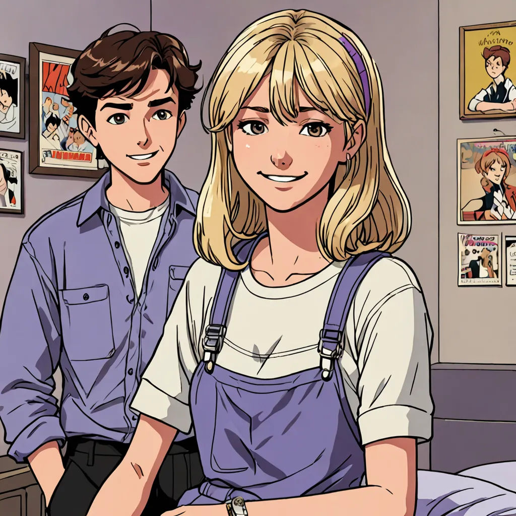 a man and a woman standing next to each other in a bedroom with comic books on the wall behind them, remodernism, a comic book panel, Cedric Seaut (Keos Masons), comic cover art