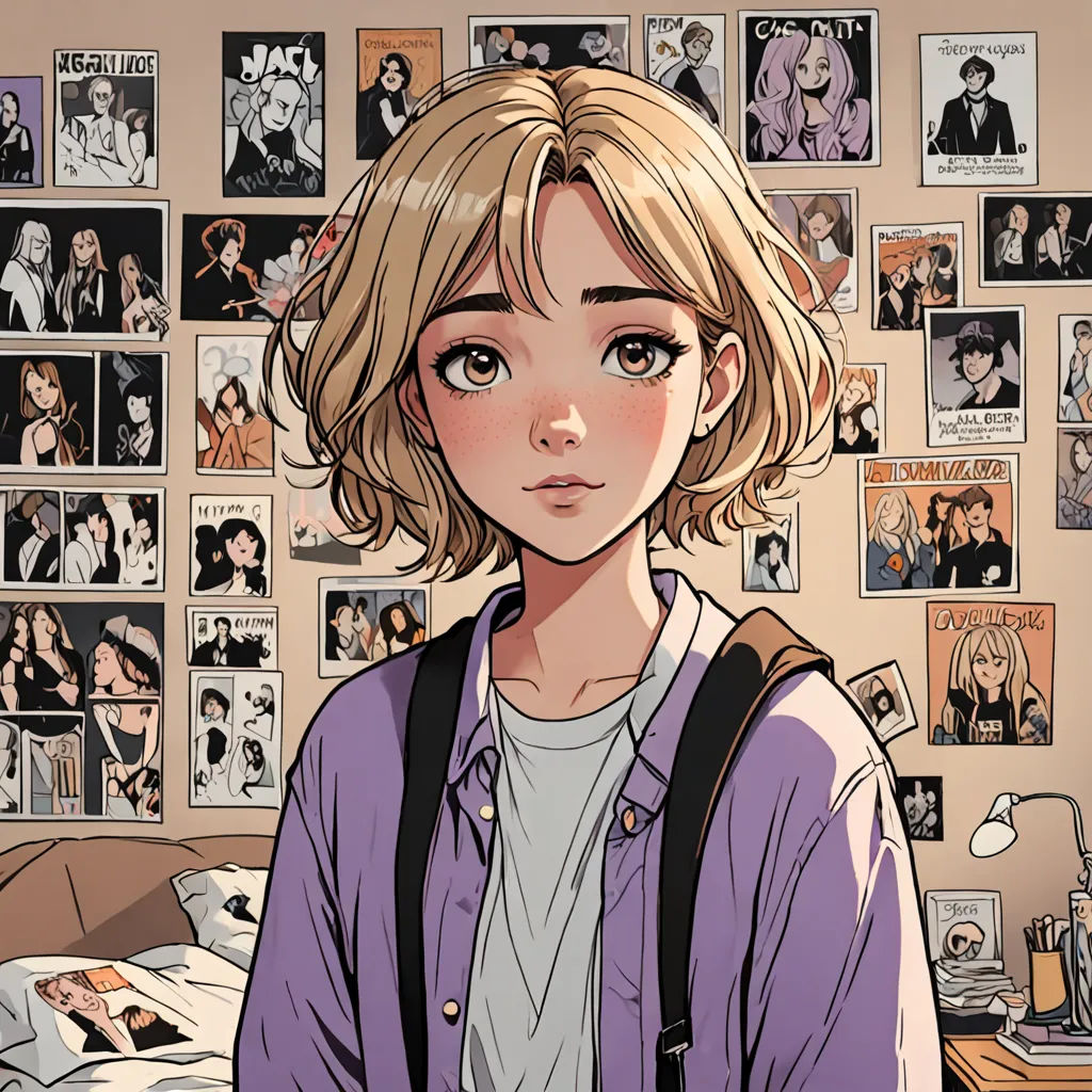 a girl with blonde hair and a backpack standing in front of a bed with pictures on the wall behind her, academic art, a comic book panel, artist, anime art