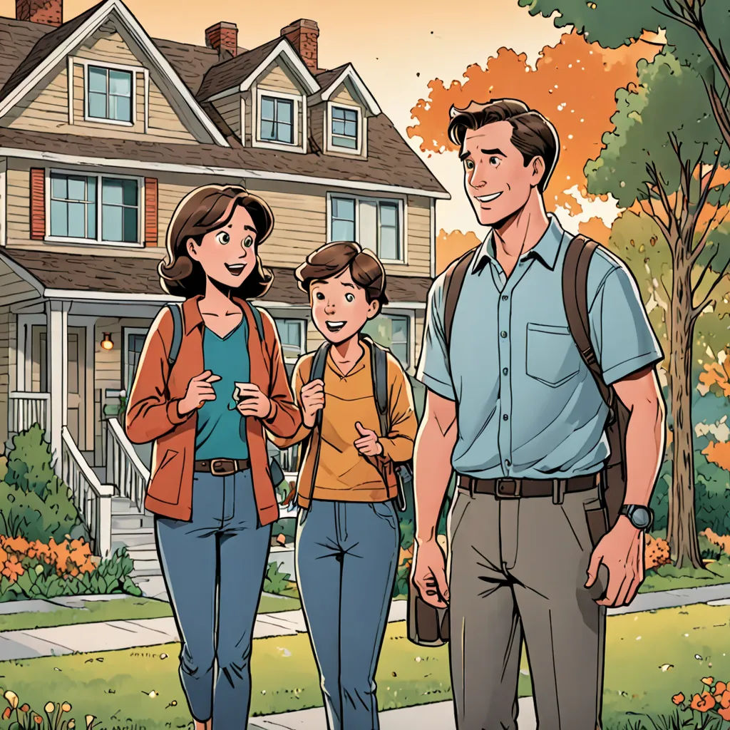 a family walking down a sidewalk in front of a house with a house in the background and a woman holding a child, vancouver school, a comic book panel, Clark Voorhees, comic cover art