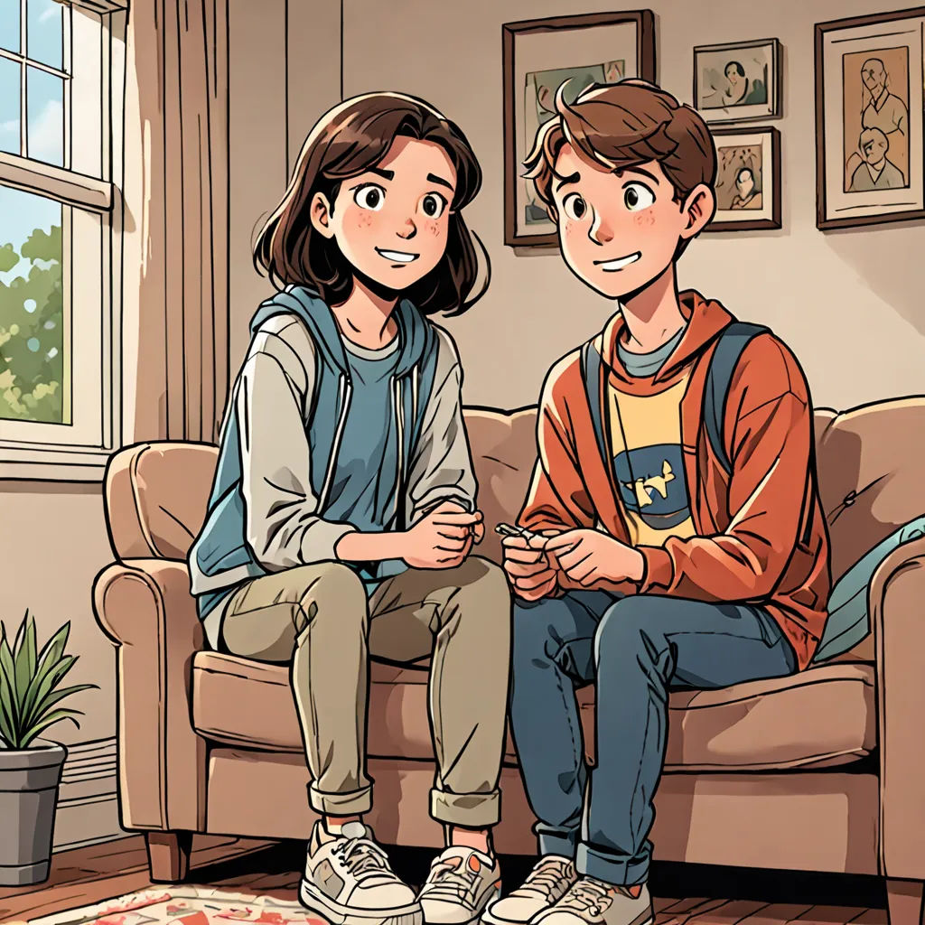 a boy and a girl sitting on a couch in a living room with a rug on the floor and a rug on the floor, private press, a comic book panel, Colin Middleton, comic cover art
