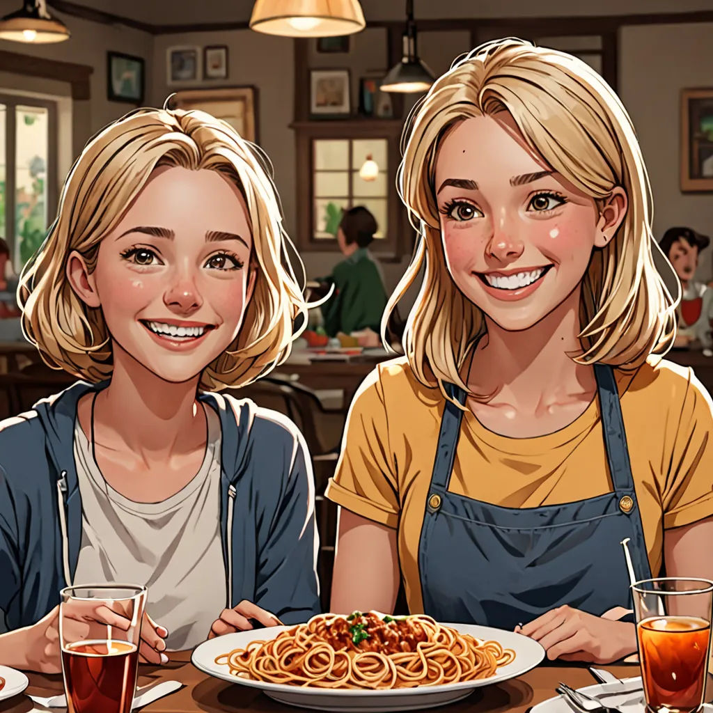 two women sitting at a table with a plate of spaghetti and drinks in front of them, with a cartoon of them, remodernism, a comic book panel, Artgerm, ultra realistic faces