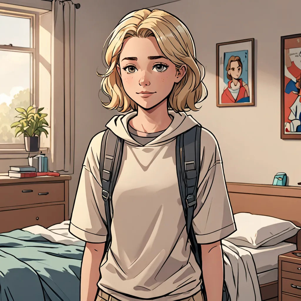 a woman standing in a bedroom next to a bed and a window with a picture of a woman on it, paris school, a comic book panel, Constance Gordon-Cumming, official art
