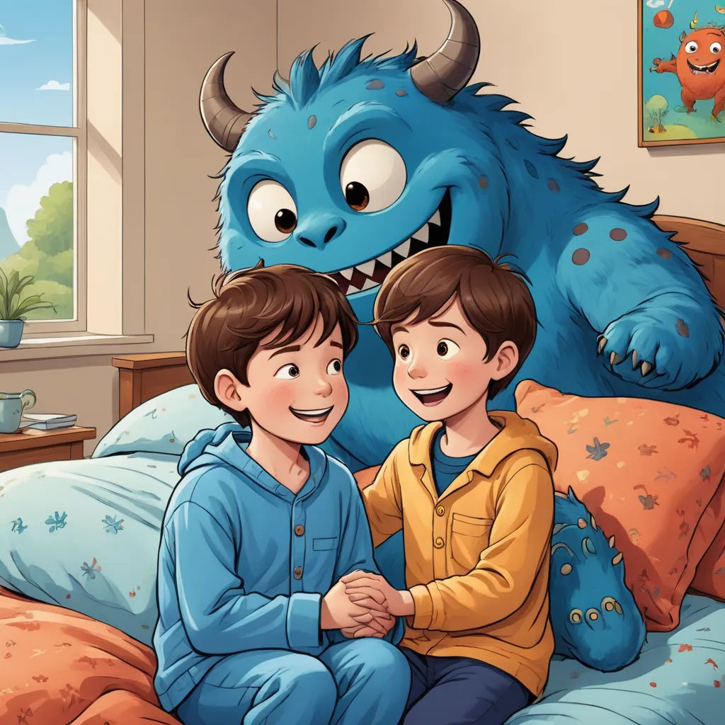 a boy and a boy sitting on a bed with a monster on the head of the bed behind them, sots art, a storybook illustration, Diego Gisbert Llorens, storybook illustration