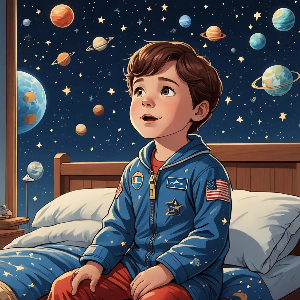 a boy in a space suit sitting on a bed looking up at the sky with planets in the background, space art, a storybook illustration, Aaron Jasinski, storybook illustration