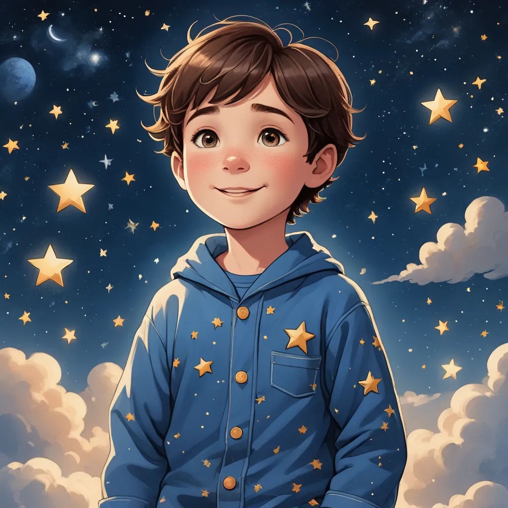 a boy in a blue jacket standing in front of a night sky with stars and clouds on it,, space art, a storybook illustration, Aaron Jasinski, trending on art station