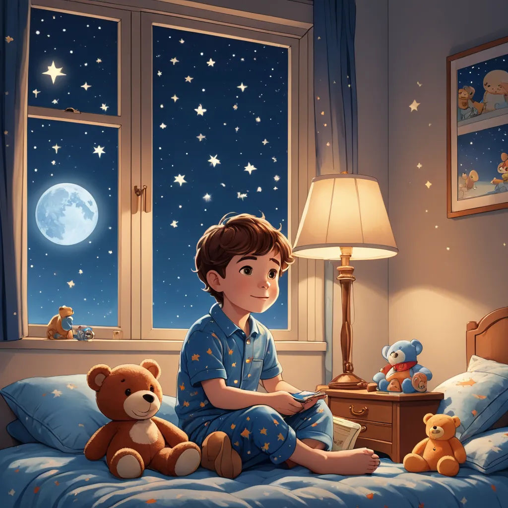 a boy sitting on a bed with teddy bears in his room at night time, with the moon shining brightly, space art, a storybook illustration, Diego Gisbert Llorens, storybook illustration
