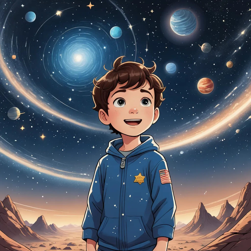 a boy in a blue jacket standing in front of a planet with stars and planets in the background and a star filled sky, space art, a storybook illustration, Diego Gisbert Llorens, comic cover art