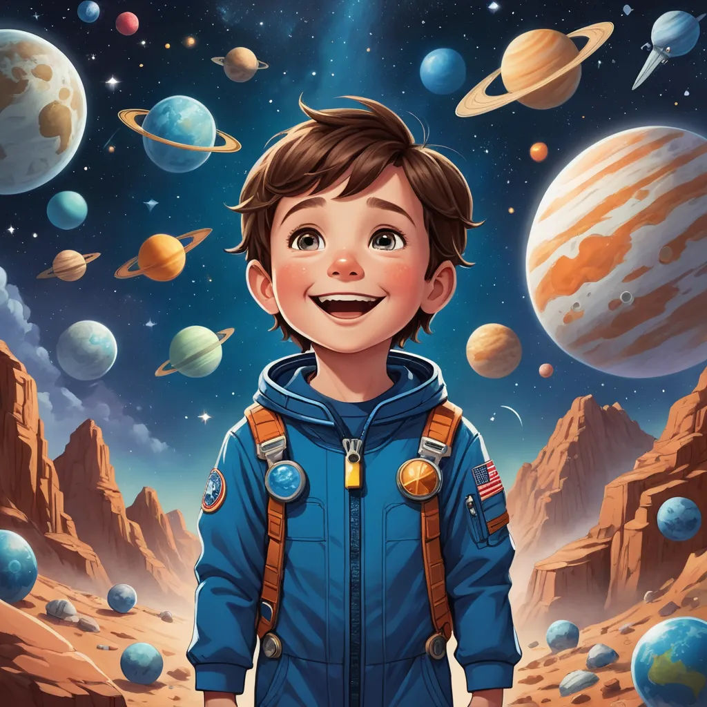 a boy in a space suit standing in front of planets and stars with a smile on his face and a mountain in the background, space art, a storybook illustration, Aaron Jasinski, comic cover art