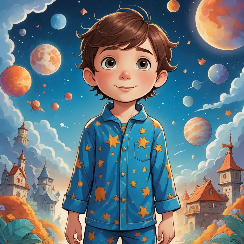 a boy in pajamas standing in front of a painting of a space station with planets and stars in the sky, space art, a storybook illustration, Aaron Jasinski, storybook illustration