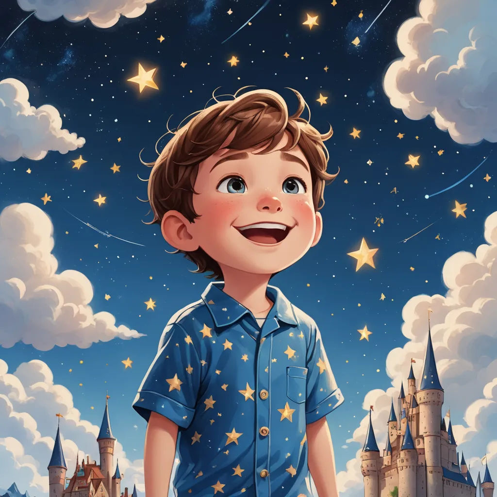 a boy is standing in front of a castle with stars in the sky and a castle in the background, space art, a storybook illustration, Diego Gisbert Llorens, stars