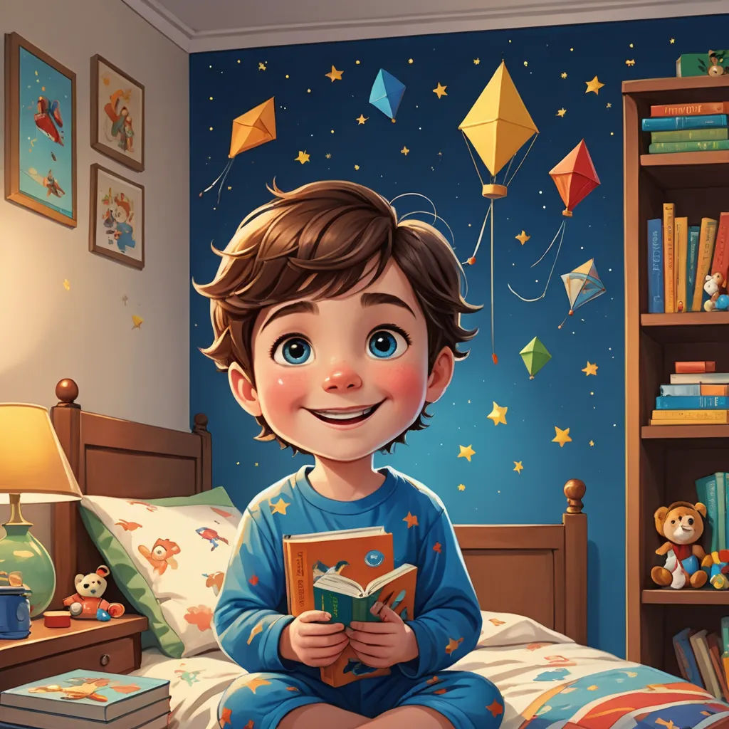 a boy sitting on a bed reading a book in a bedroom with a teddy bear and a bookcase, space art, a storybook illustration, Diego Gisbert Llorens, storybook illustration