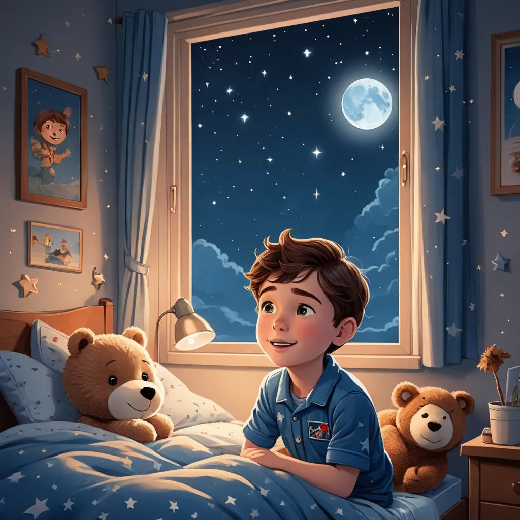 a boy sitting in bed with a teddy bear looking out the window at the stars and the moon in the sky, space art, a storybook illustration, Diego Gisbert Llorens, storybook illustration