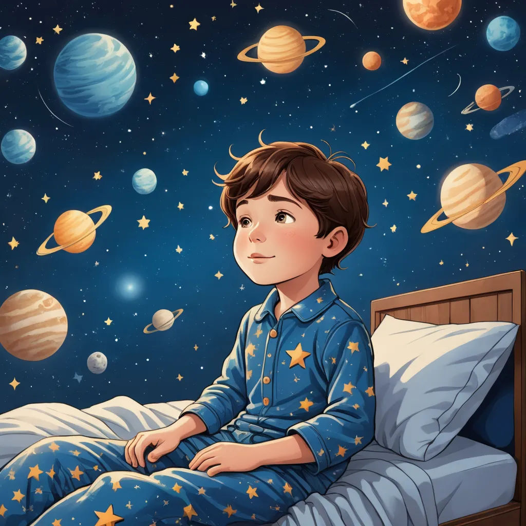 a boy in pajamas sitting on a bed in front of a solar system with planets and stars on the wall, space art, a storybook illustration, Diego Gisbert Llorens, space