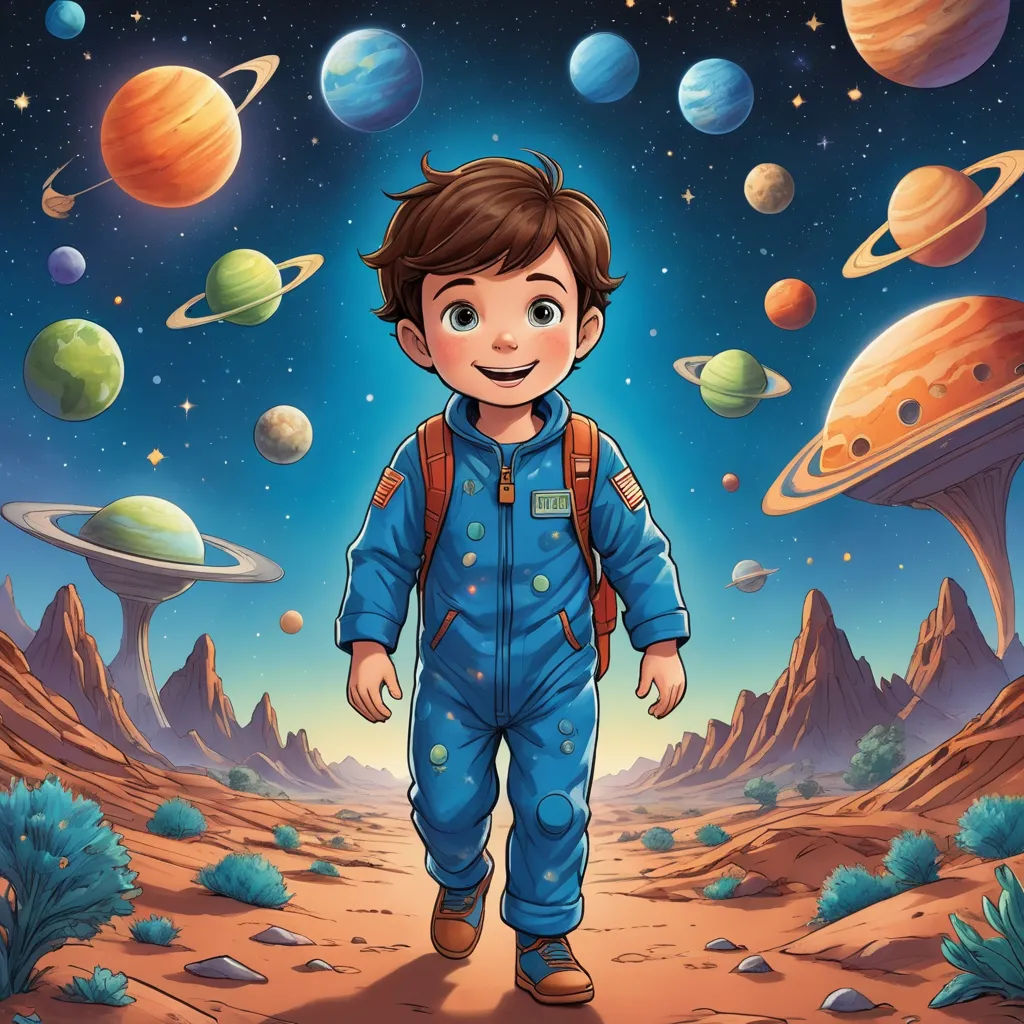 a boy in a space suit walking through the desert with planets in the background illustration by alex krapf, space art, a storybook illustration, Diego Gisbert Llorens, comic cover art