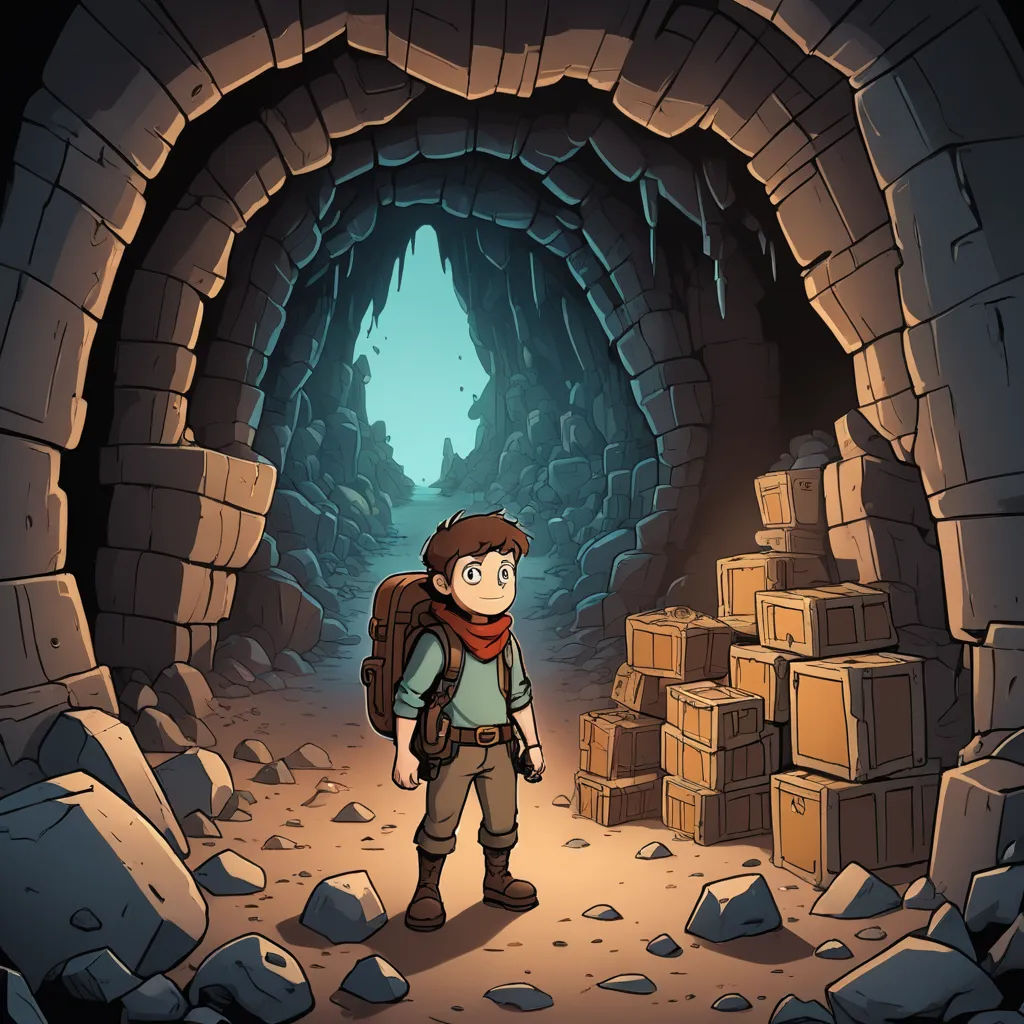 a boy standing in a cave with a backpack on his back and boxes on the ground in front of him, sots art, concept art, Diego Gisbert Llorens, 2 d game art