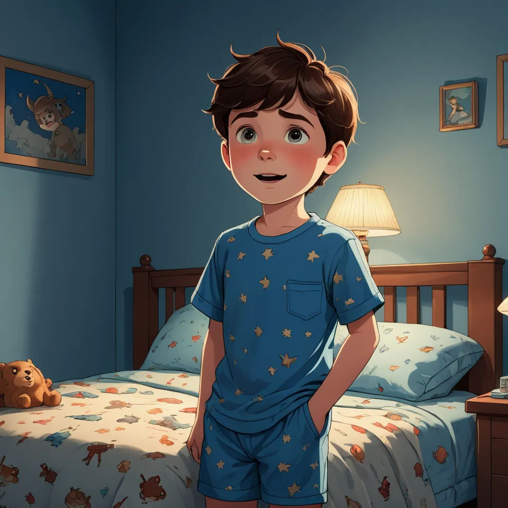 a boy in pajamas standing in a bedroom with a teddy bear on the bed and a lamp on the nightstand, furry art, a storybook illustration, Diego Gisbert Llorens, rossdraws global illumination