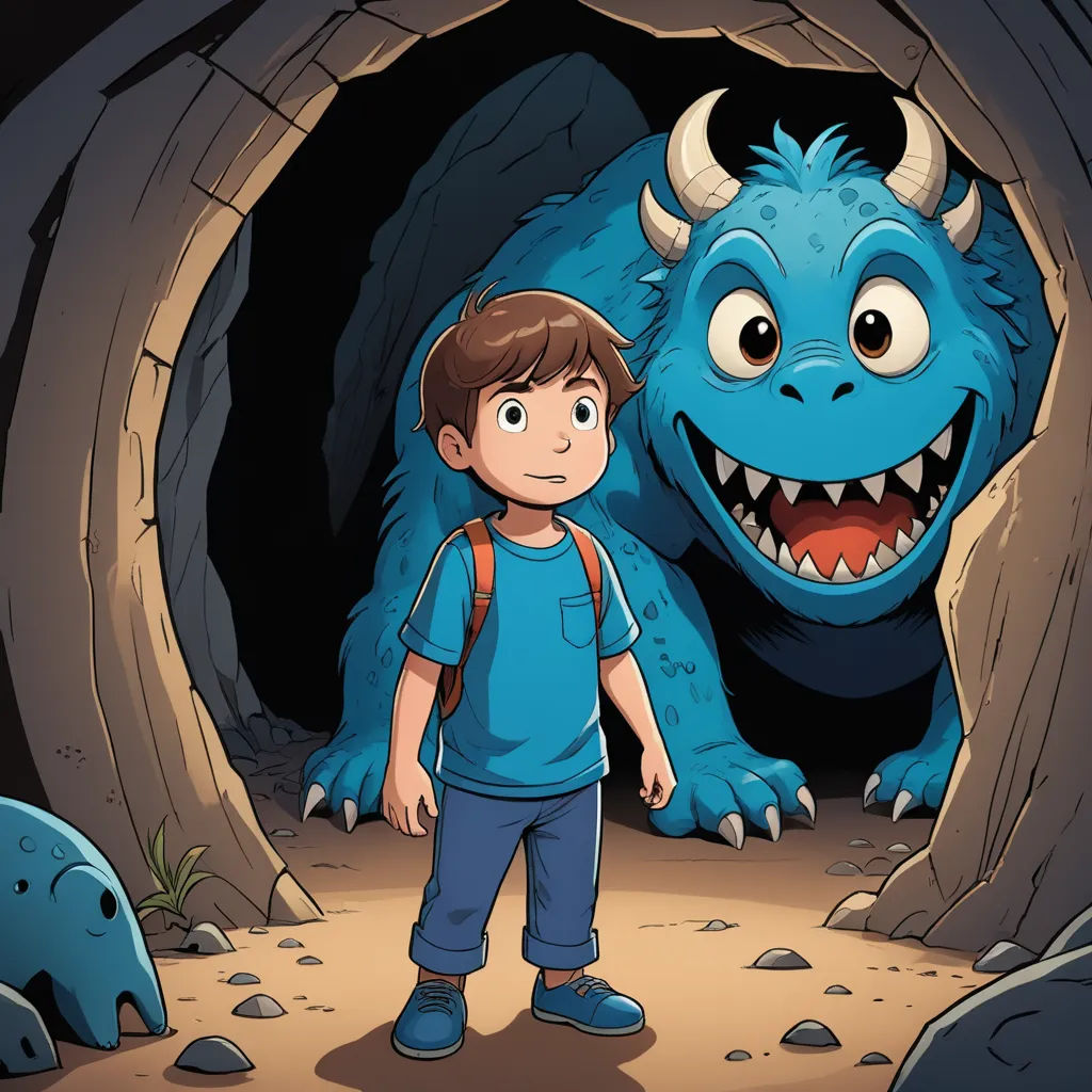 a boy standing in front of a monster in a cave with a big smile on his face and a big toothy grin on his face, fantasy art, a storybook illustration, Diego Gisbert Llorens, storybook illustration