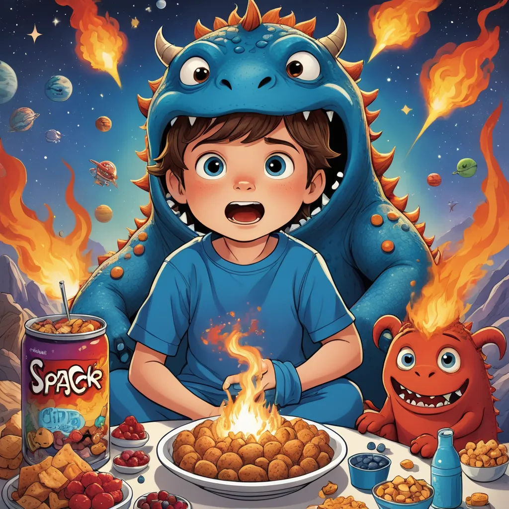 a boy in a blue shirt sitting at a table with a plate of food and a monster costume on, sots art, a storybook illustration, Chris LaBrooy, josan gonzales and dan mumford