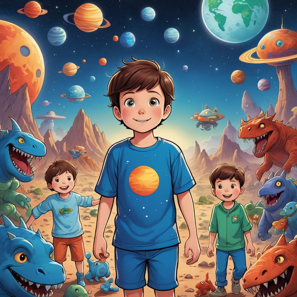 a boy and two boys standing in front of a painting of a boy and two dinosaurs in a space, space art, a storybook illustration, Adam Rex, comic cover art