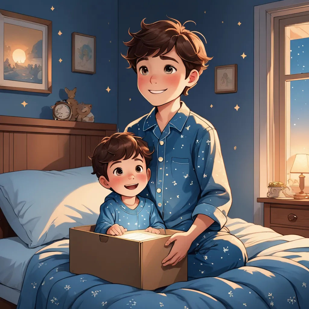 a man and a child are sitting on a bed with a box in their hands and a star - patterned wallpaper, light and space, a storybook illustration, Arthur Pan, storybook illustration
