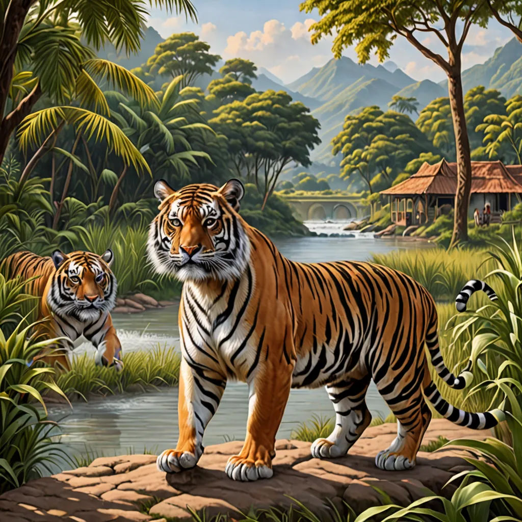 a painting of two tigers walking in a jungle area with a river and a hut in the background,, fantastic realism, a detailed matte painting, Brothers Hildebrandt, highly detailed digital painting