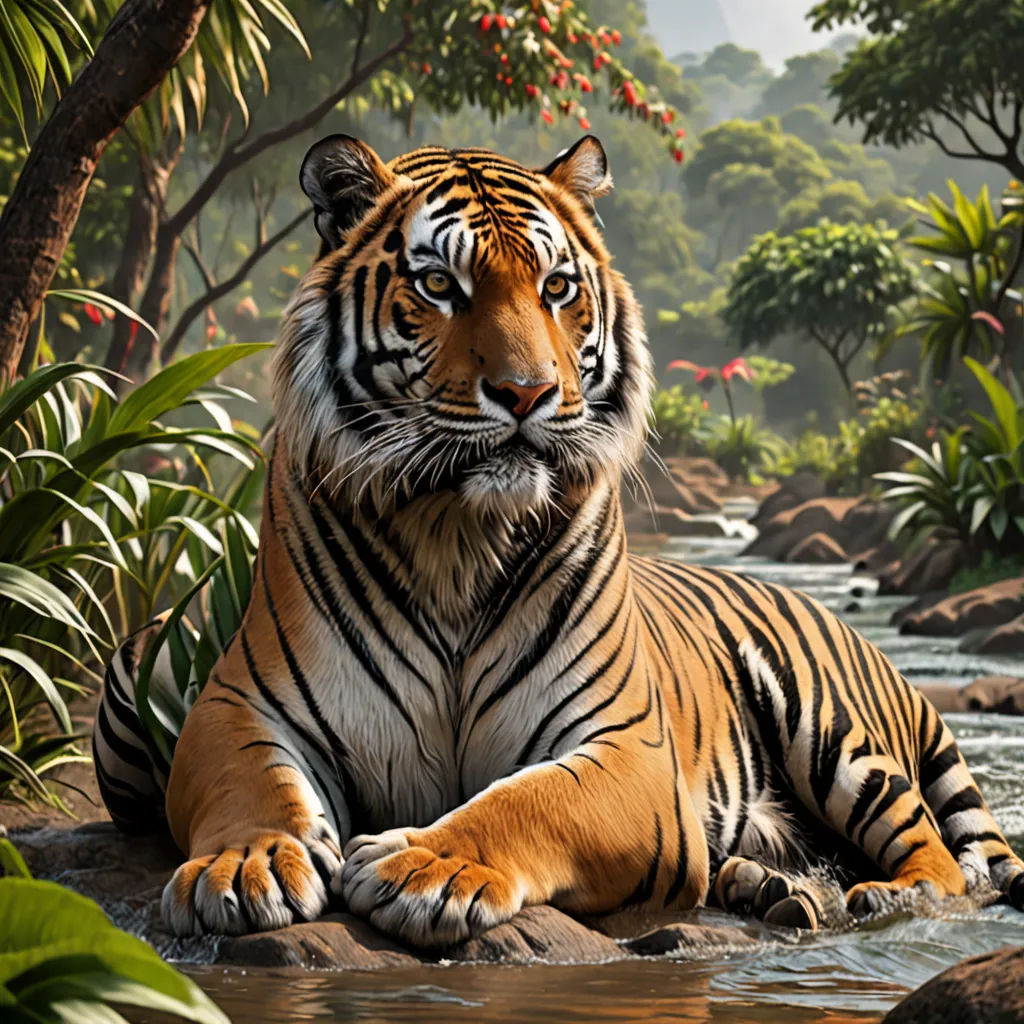a tiger laying in a river surrounded by trees and plants and rocks and water with a stream running through it, photorealism, a photorealistic painting, Chris LaBrooy, highly detailed digital painting